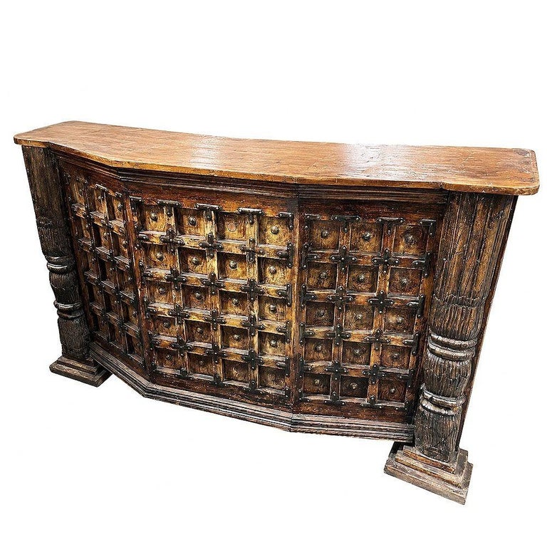 Spanish Colonial Style Antique Wood Bar w/ Iron Strapwork & Carved Columns