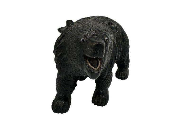 Ainun Black Bear Hand Carved Wood Sculpture with Glass Eyes