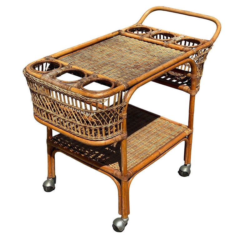 Restored Art Deco Stick Rattan Two-Tier Bar Cart w/ Woven WickerTops