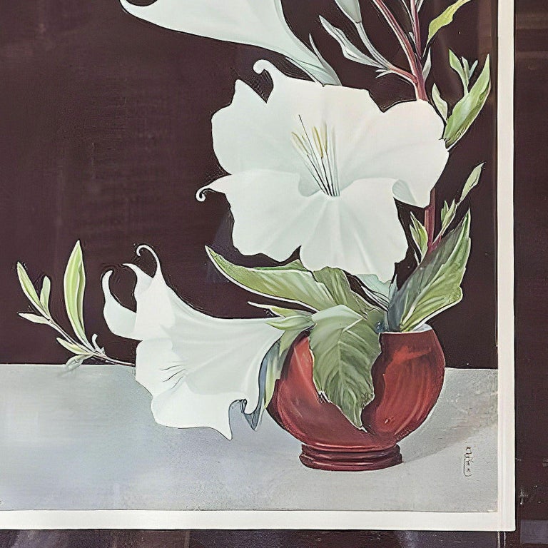 Ikebana Arranged White Petunia Foral Scenic Lithograph by Lithoin, Framed
