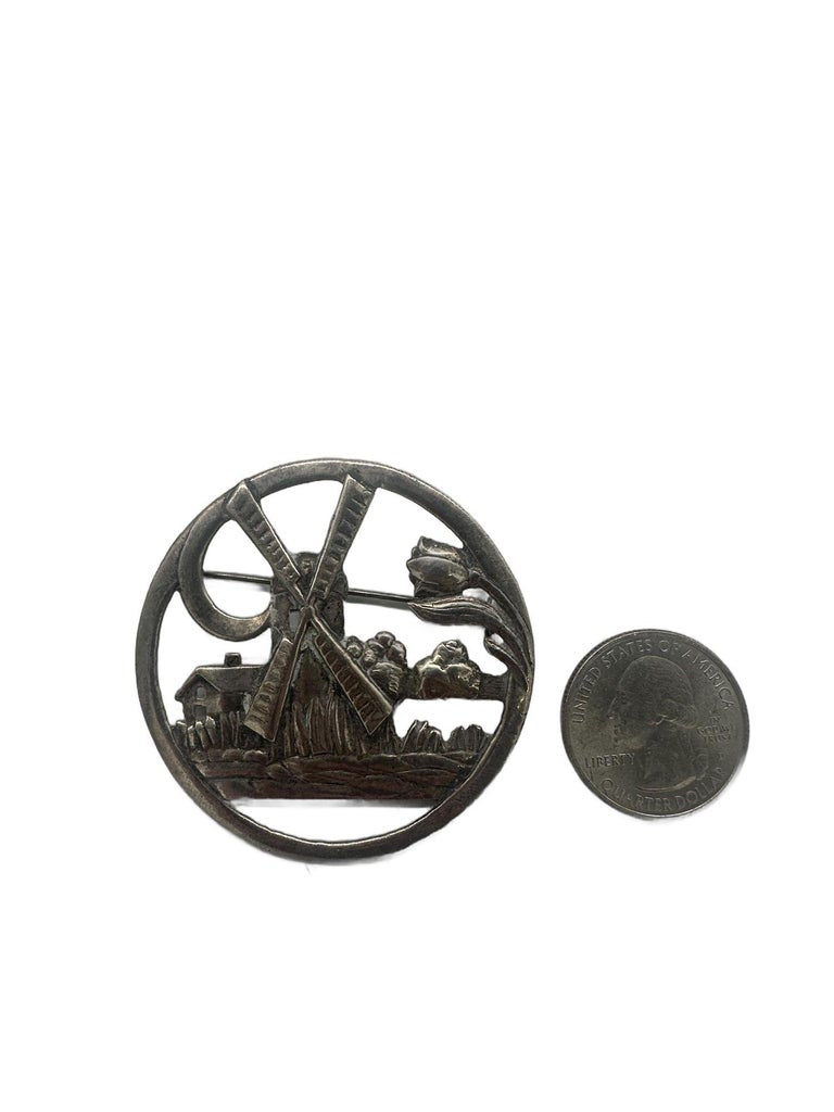 Vintage 925 Sterling Silver Delft Dutch Windmill Floral Brooch Pin