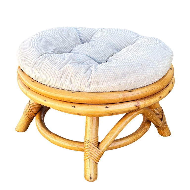 Restored Mid-century Rattan Round Ottoman w/ Tufted Cushion