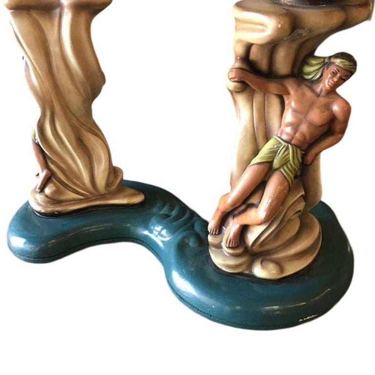 Rare Hawaiian Inspired Scuptural Chalkware Coffee Table w/ Man & Woman