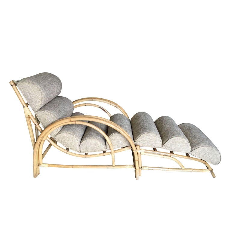 Restored 1938 Three-Strand "Double-Loop" Rattan Chaise Lounge w/ Ottoman