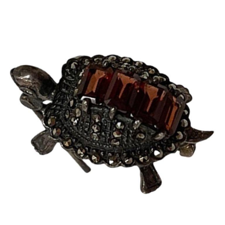 Sterling Silver Marcasite and Baguette Garnet Turtle Brooch