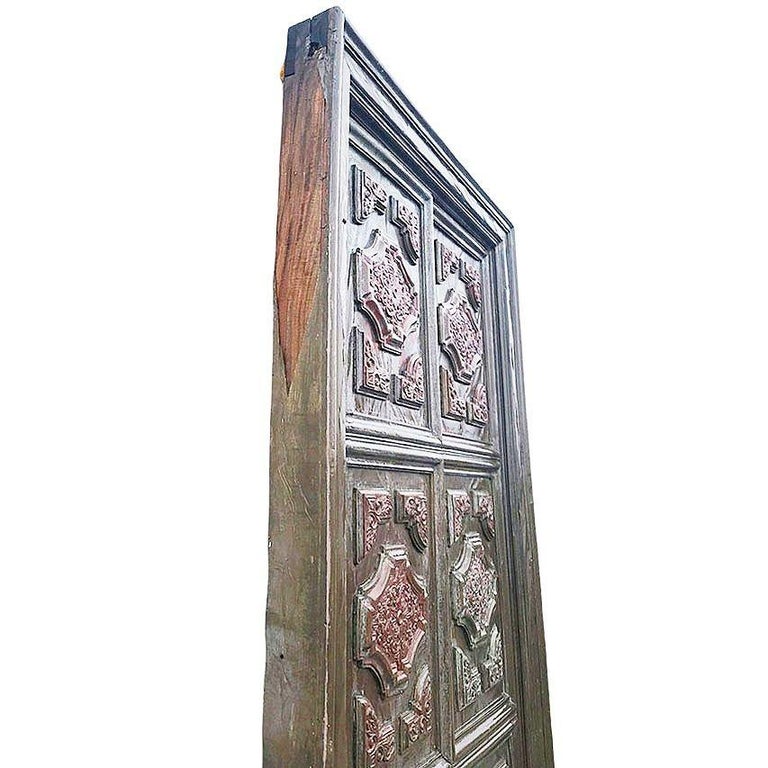 Large 8' Mediterranean Multipaneled Molding Bronze Covered Walnut Double Doors