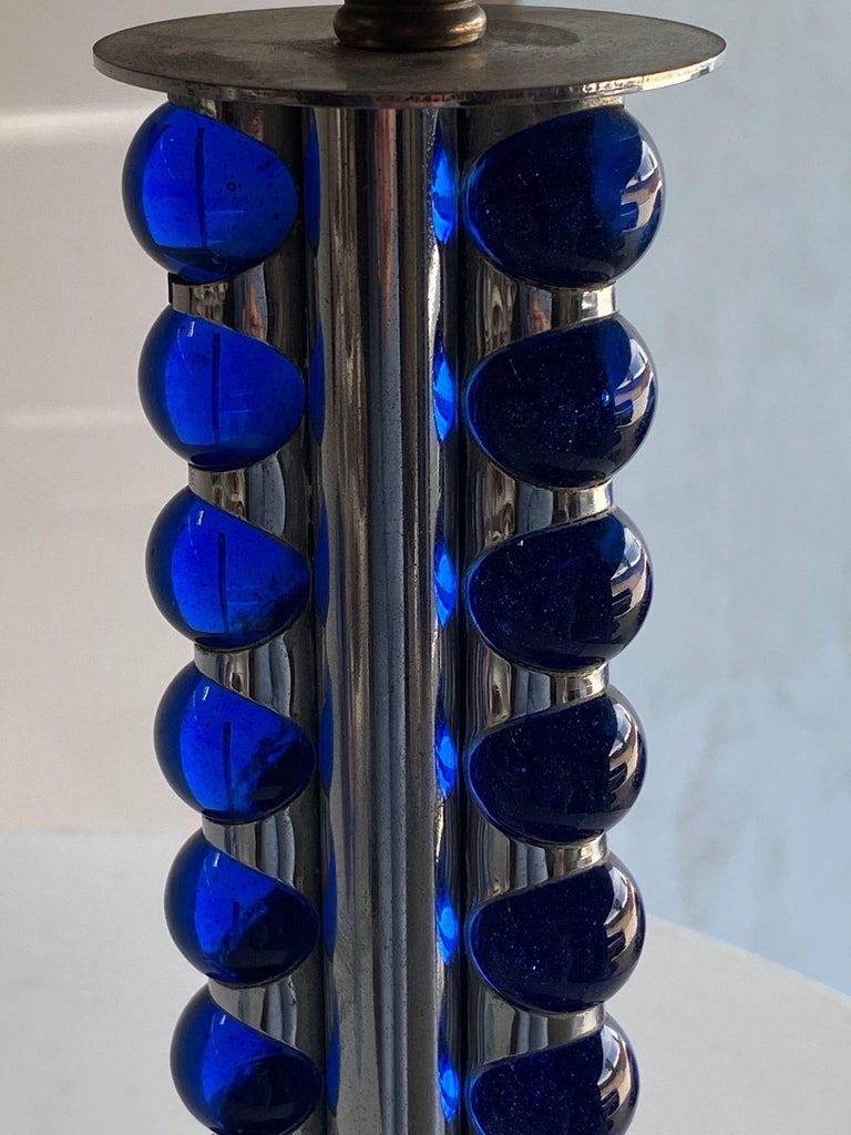Chromed Steel and Cobalt Marble Art Deco Lamp
