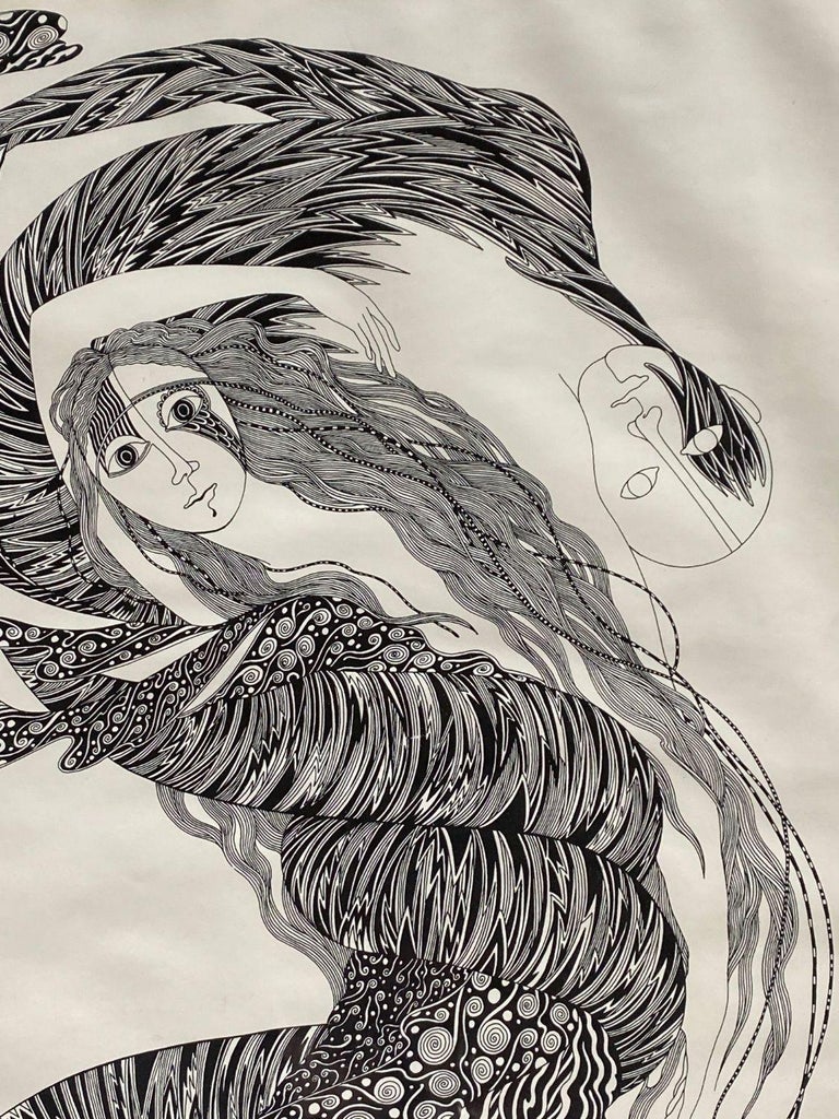 Hand Inked on Paper Surrealist Female Portrait drawing Signed Ken Kreel 1989