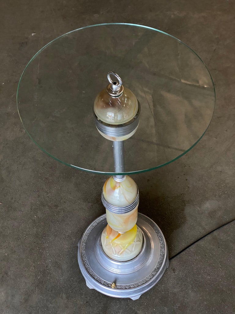 Art Deco Light up Agate Glass Illuminating Smoking Side Table Pewter cast base