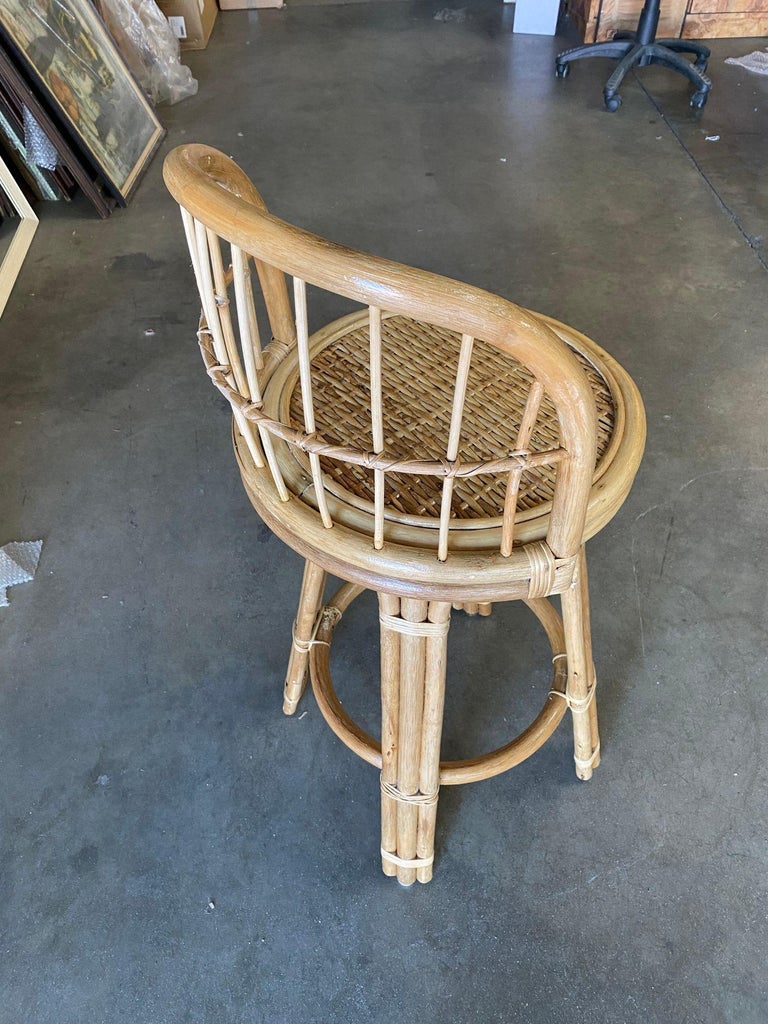 Restored 3-Strand Rattan Bar Stool w/ Stick Reed Rattan Back