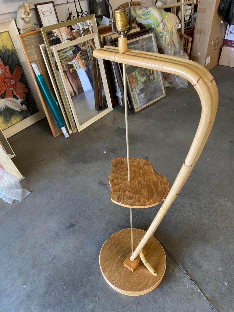 Restored Googie Asymmetric Pole Floor Lamp w/ Side Table & Fiberglass Shade