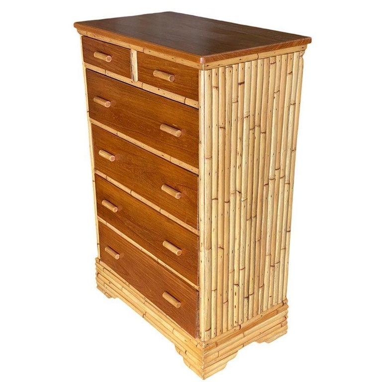 Restored Mid-century Stacked Rattan & Mahogany Highboy Dresser by Kane Kraft