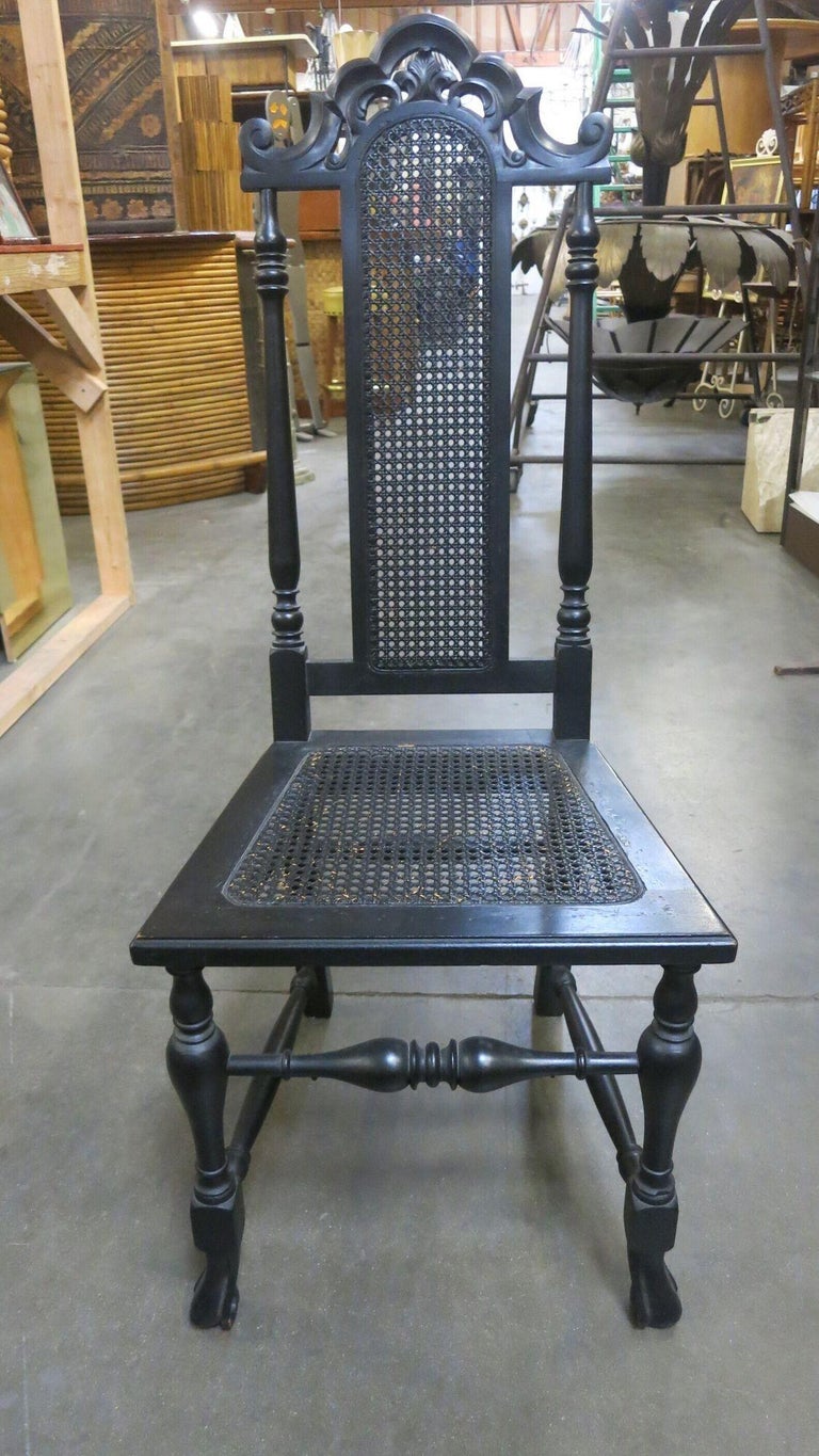 Hand Carved Black Stained Oak Gothic Revival Side Chair w/ Wicker Seat