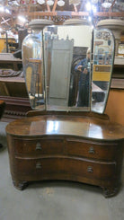 Edwardian Dark Stained Burlwood Vanity w/ Trifold Mirror, Circa 1910