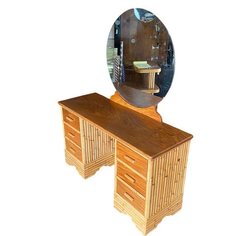 Restored Early Mid-century Stacked Rattan & Mahogany Vanity w/ Round Mirror