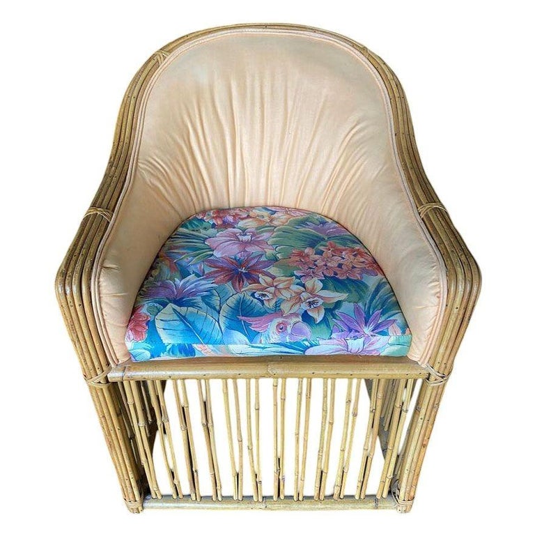 Set of Four Pencil Reed Rattan Armchair, Restored, 1970s