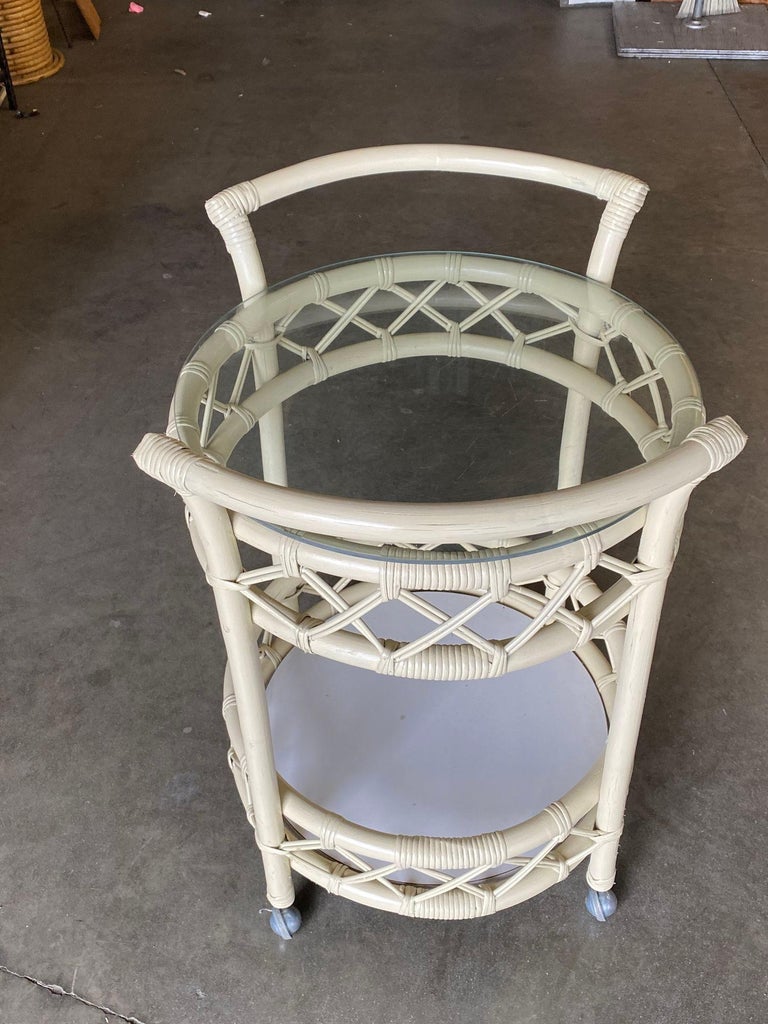 Restored Modern White Round Rattan and Mahogany Bar Cart