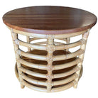 Restored Two-Tier Round Ladder Side Pole Rattan Side Table w/ Mahogany Top