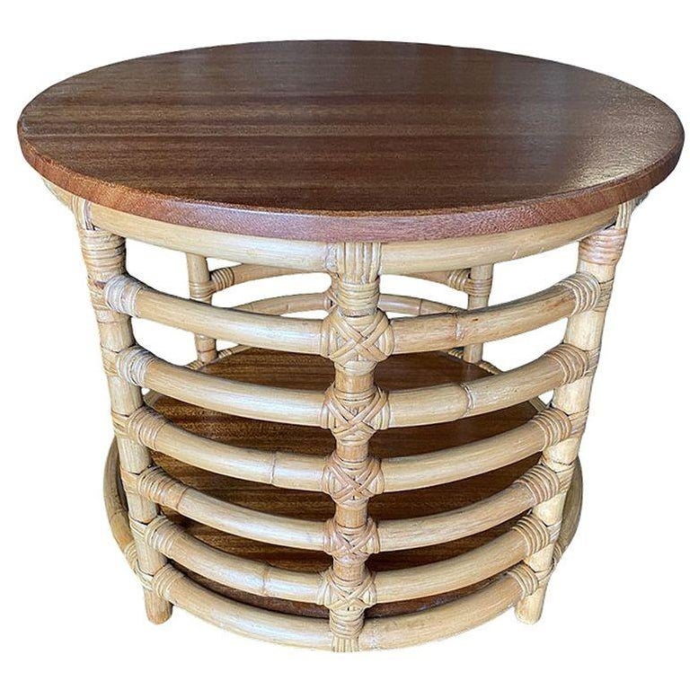 Restored Two-Tier Round Ladder Side Pole Rattan Side Table w/ Mahogany Top