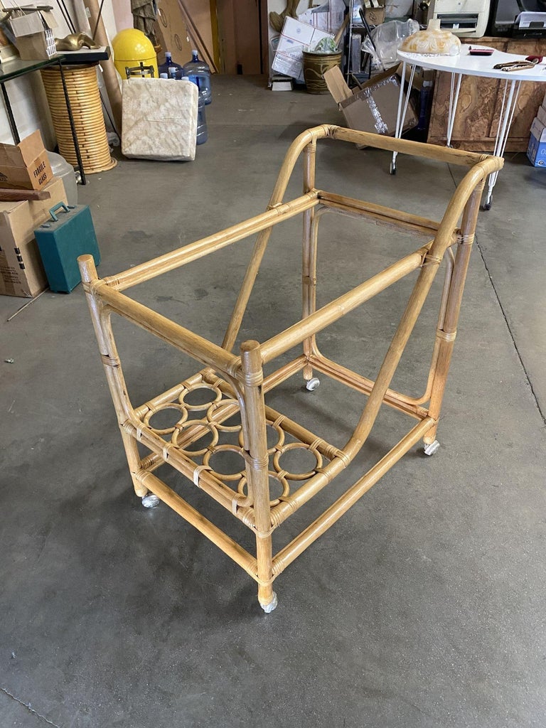 Restored Mid Century Rattan Bar Cart w/ Bottle Holder by Angraves, circa 1970