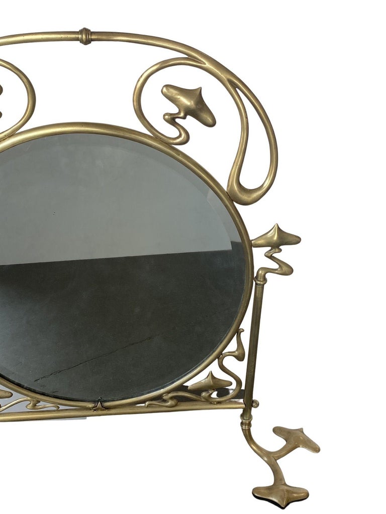 French Art Nouveau Brass Fire Screen with Mirror