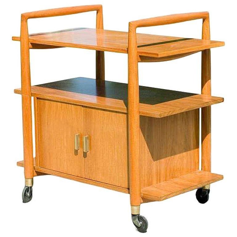 Mid-Century Three-Tier Bar Serving Cart w/ Storage Cabinet