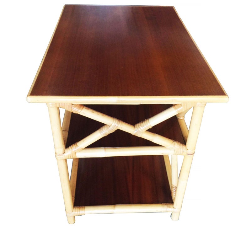Restored Mahogany and Rattan Three-Tier Side Table