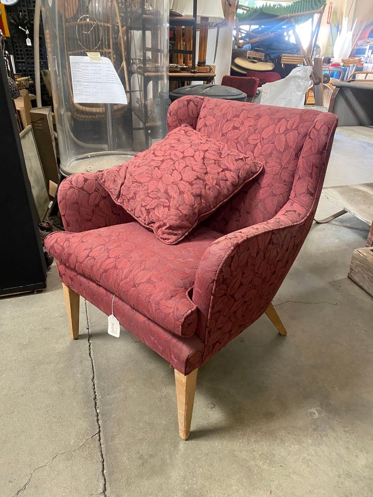 Mid Century Modern Wingback Lounge Chair Burgundy Leaf Print Pair