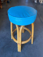 Restored Single Stand Arched Rattan Bar Stool w/ Teal Green Seat, Set of Four