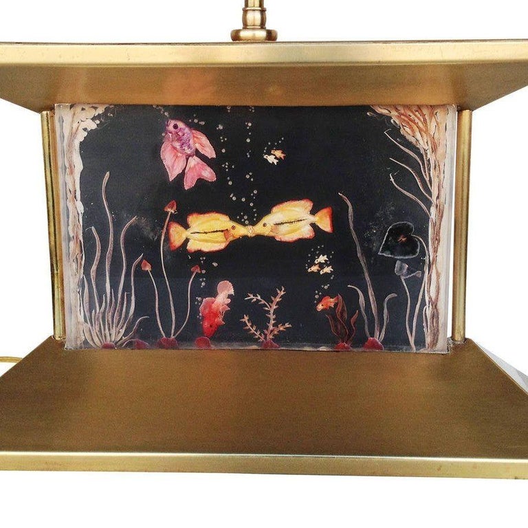Mid-Century Brass Aquarium Light Up Lamp w/ Shade