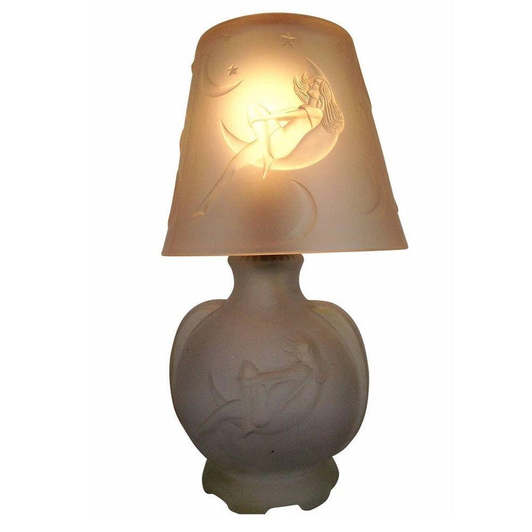 1984 Art Deco Lay by the Stars Crescent Moon Boudoir Glass Lamp by Sarsaparilla