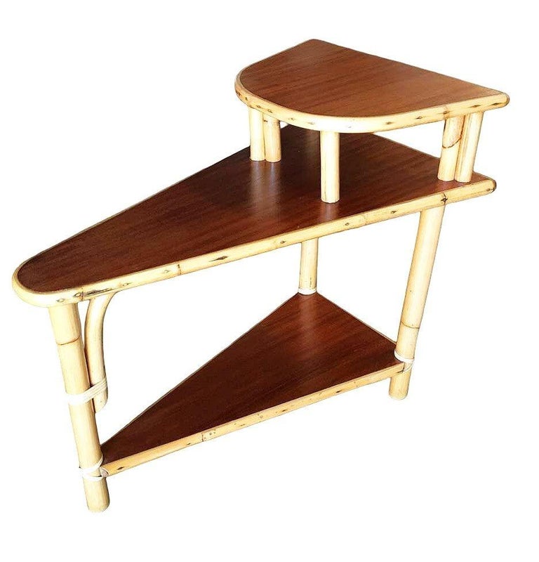 Restored Mid-century 3-Tier Wedge Side Lamp Table w/ Mahogany Tops