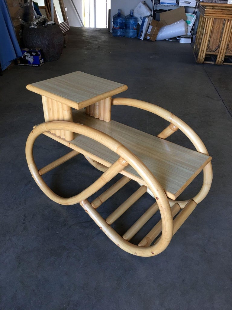 Restored 3/4 Round Pretzel Rattan Side Table with Two-Tier Formica Tops