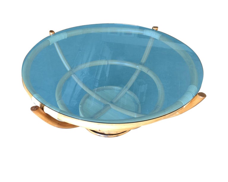 Restored Four Pole Rattan Coffee Table with Floating Glass Top