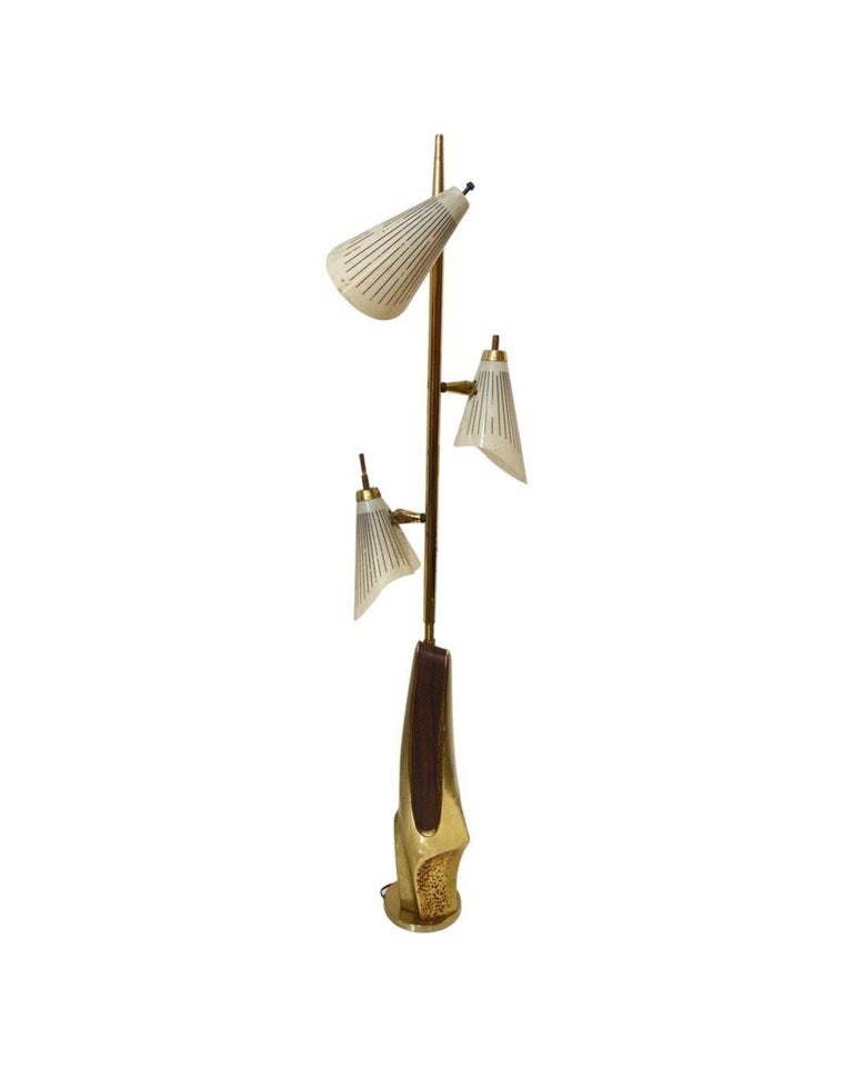 Mid Century Googie Brass & Art Pottery Floor Lamp w/ Fiberglass Shades