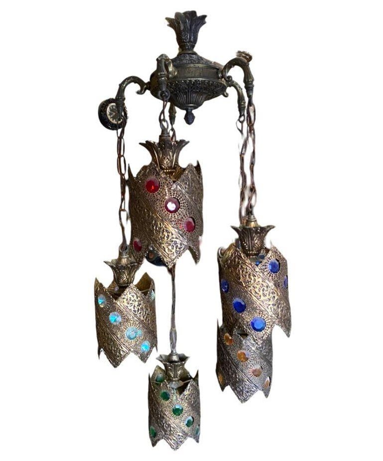 Hollywood Regency Jewel Prisms Filigree 5 Light Hanging Chandelier, Circa 1950