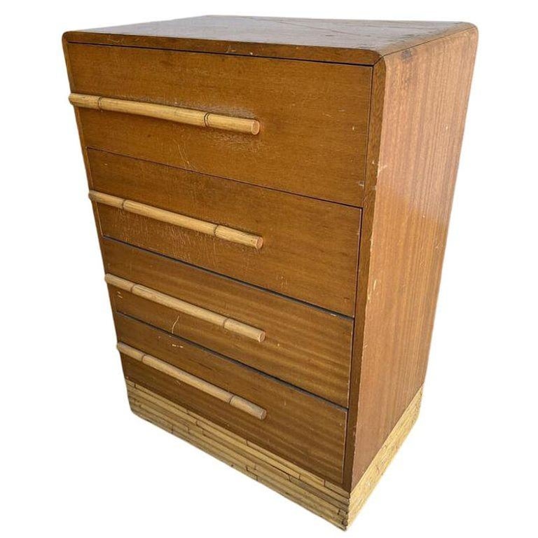 Restored Mid-century Waterfall Highboy Mahogany Dresser W/ Stacked Rattan Base