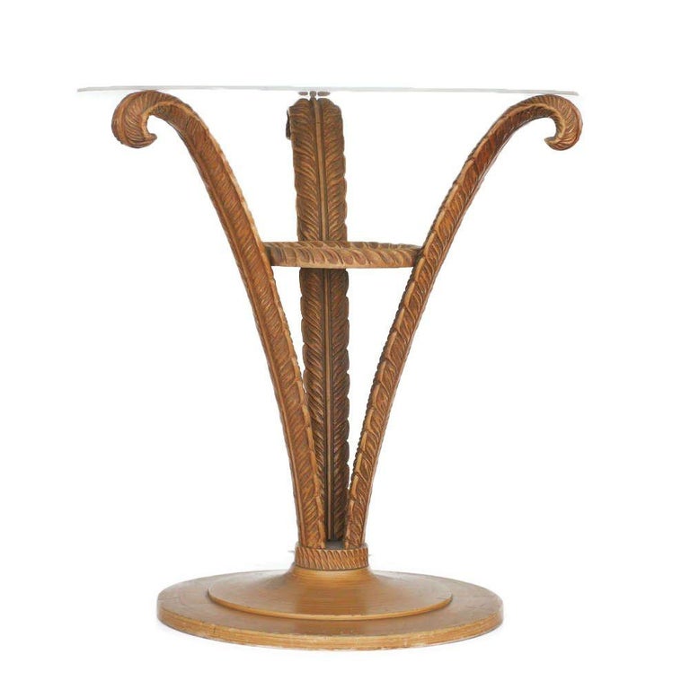 Art Deco Sculpted Wood Plume Round Pedestal Side Table by Grosfeld House, Pair