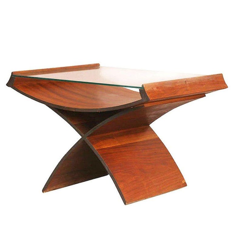 Mid-Century Molded Sculptural Plywood Hourglass Side Drink Table with Glass Top