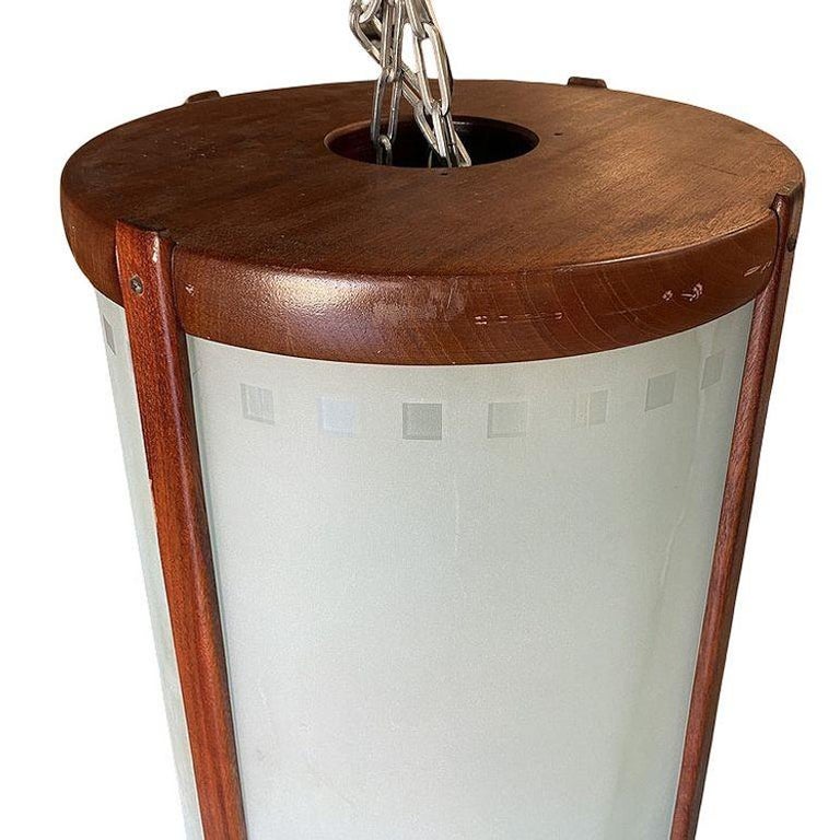 Mid-century Nakashima Style Teak Cylinder Pendant w/ Frosted Shade, 3 Available