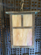 Arts and Crafts Bronze Sconce on Chain w/ Iridescent Art Glass Shade