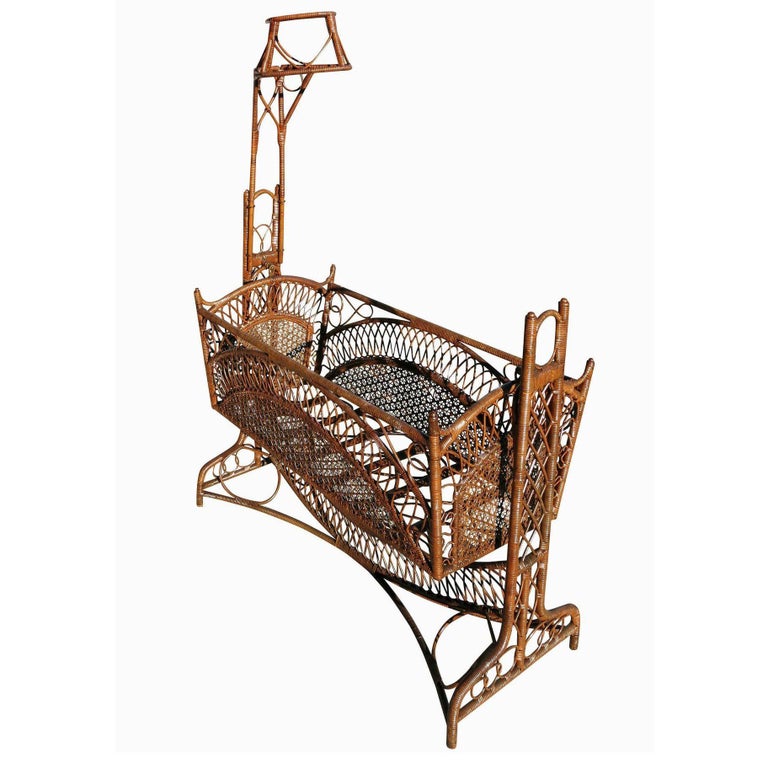 Restored Late Victorian Wicker & Bamboo Swinging Cradle