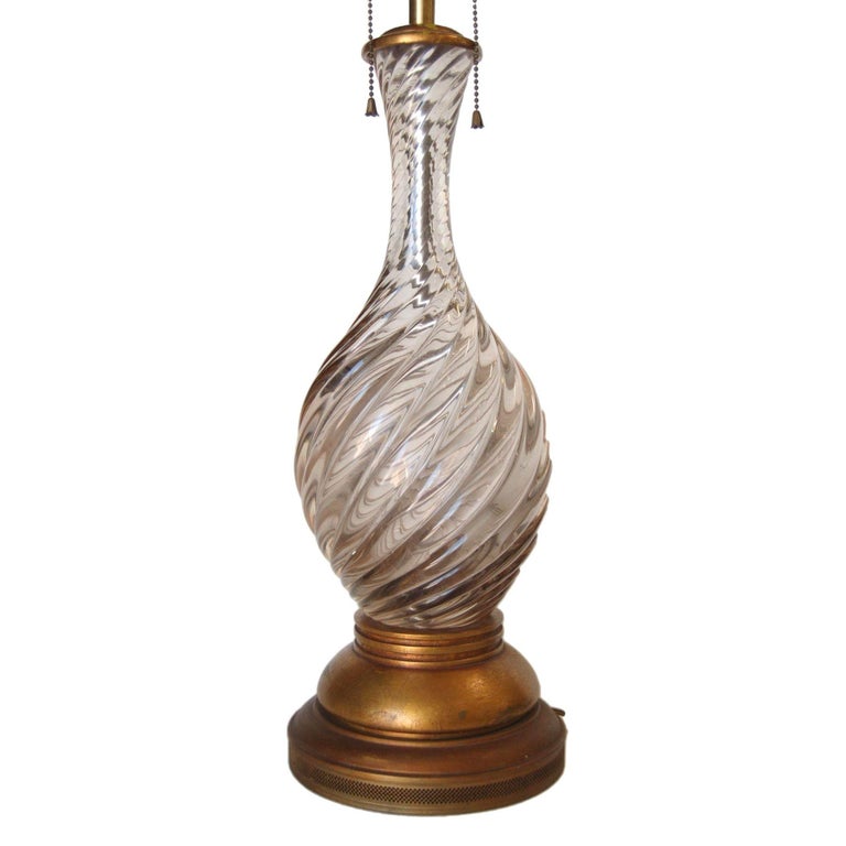 Italian Mid-century Pink Swirled Murano Glass Table Lamp w/ Brass Base