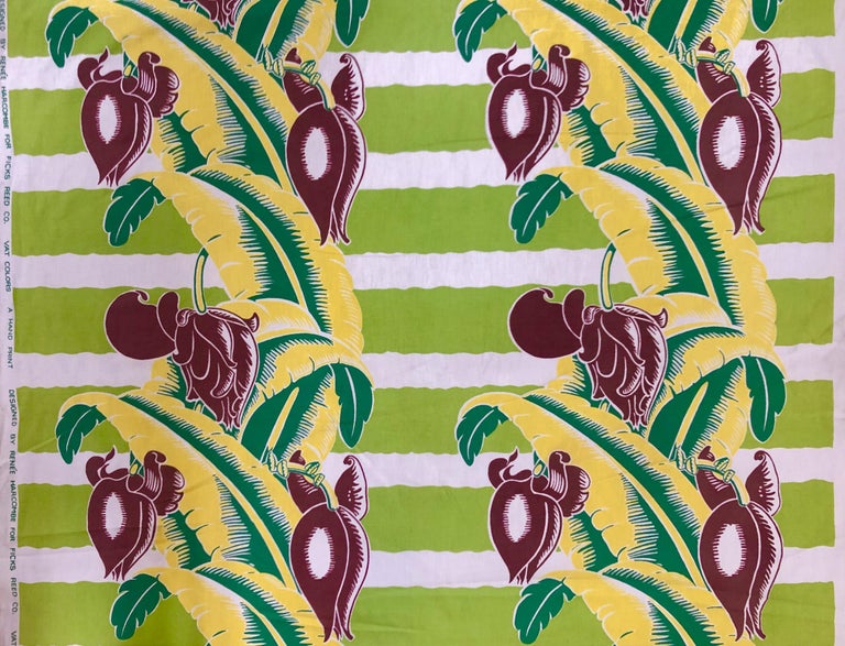 Wavy Green Striped Barkcloth with Tropical Banana Leaf Pattern