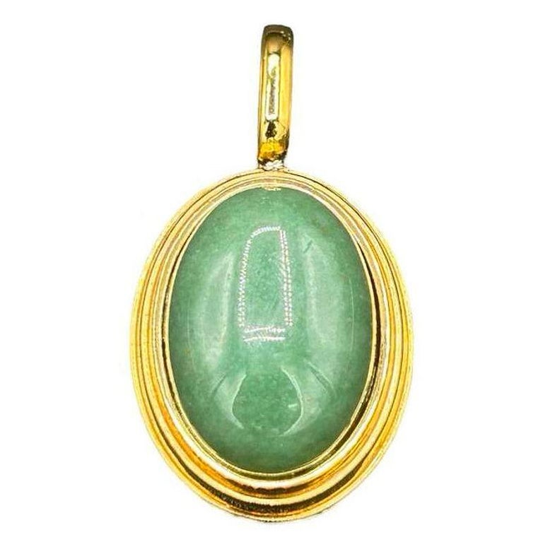 Large 14k Gold Stepped Natural Aventurine Oval Pendent