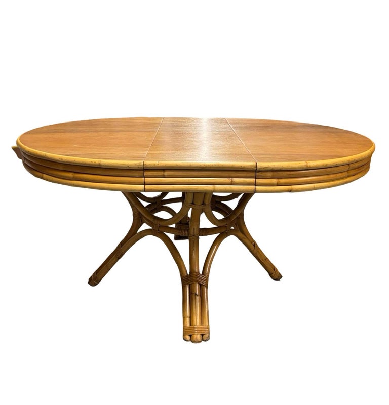 Restored Round Rattan & Mahogany Dining Table W/ Leaf