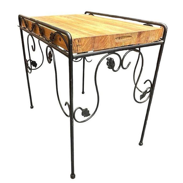 Wrought Iron Scrolling Ivy Wire Patio Wire Side Table w/ Butcher Block Top