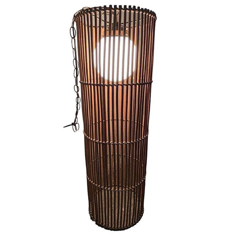 Large Mid-century Split Stick Reed Rattan Hanging Cylinder Chandelier Pendant