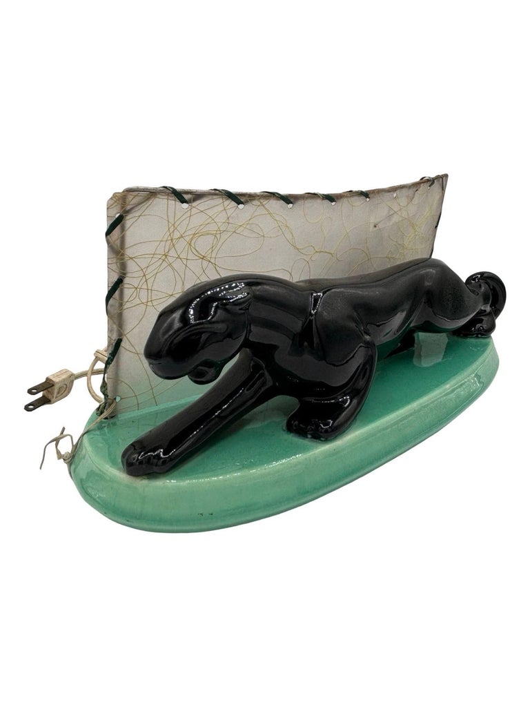 Midcentury Black Panther Ceramic Statue Lamp w/ Whipple Stitch Fiberglass Shade