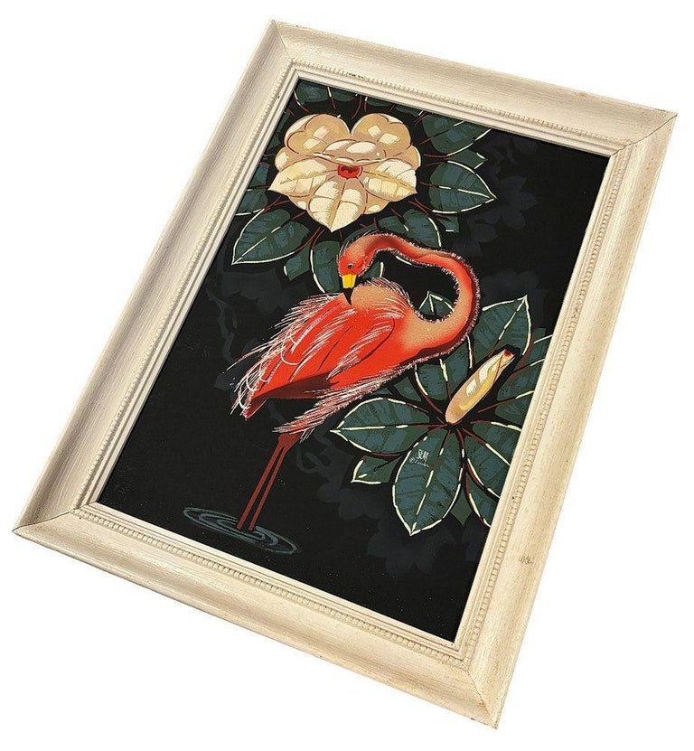 Pair of Mid Century Pink Flamingo Airbrush Prints by Billy SEAY in Frame